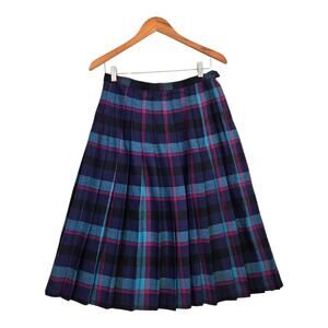 VTG Tan Jay Wool Blend Pleated Plaid Skirt Sz 14* Blue Teal Pink Preppy Academia